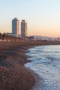 Barcelona, Ã¢â¬â¹Ã¢â¬â¹Spain - March 17, 2019: View of sandy beach in Barcelona city  in Spain Royalty Free Stock Photo